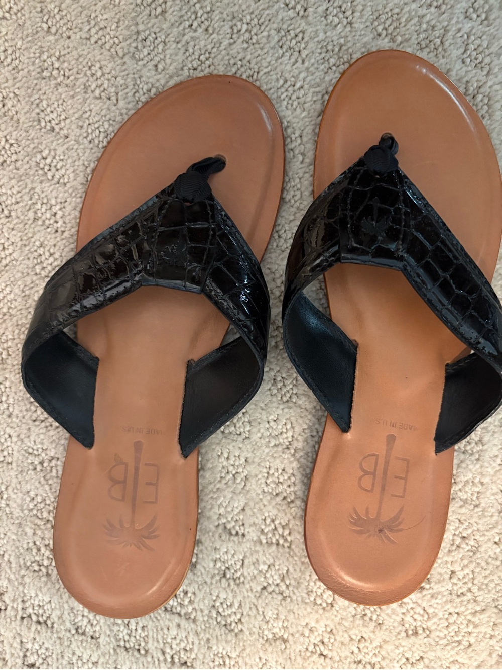 EB Black Croc-Embossed Thong Sandals with Tan Footbed